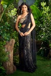 Aza X Shilpa Shetty Kundra_Black Viscose, Crepe, Mesh One Animal Print Pre-draped Saree With Blouse 