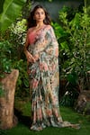 Shop_Aza X Shilpa Shetty Kundra_Multi Color Lurex, Tropical Print Pre-draped Saree With Contrasting Blouse _Online_at_Aza_Fashions