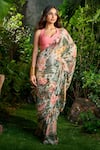 Aza X Shilpa Shetty Kundra_Multi Color Lurex, Tropical Print Pre-draped Saree With Contrasting Blouse _at_Aza_Fashions