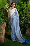 Buy_Aza X Shilpa Shetty Kundra_Blue Georgette, Silk Satin Collared Animal Swirl Print Saree With Shirt _Online