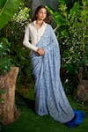 Shop_Aza X Shilpa Shetty Kundra_Blue Georgette, Silk Satin Collared Animal Swirl Print Saree With Shirt _Online