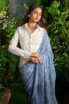 Shop_Aza X Shilpa Shetty Kundra_Blue Georgette, Silk Satin Collared Animal Swirl Print Saree With Shirt _Online_at_Aza_Fashions