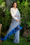 Aza X Shilpa Shetty Kundra_Blue Georgette, Silk Satin Collared Animal Swirl Print Saree With Shirt _at_Aza_Fashions