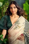 Shop_Aza X Shilpa Shetty Kundra_Green Georgette, Silk Satin, Florette Print Saree With Puff Sleeve Blouse _Online_at_Aza_Fashions