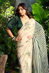 Aza X Shilpa Shetty Kundra_Green Georgette, Silk Satin, Florette Print Saree With Puff Sleeve Blouse _at_Aza_Fashions