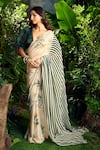 Buy_Aza X Shilpa Shetty Kundra_Green Georgette, Silk Satin, Florette Print Saree With Puff Sleeve Blouse 