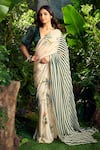 Aza X Shilpa Shetty Kundra_Green Georgette, Silk Satin, Florette Print Saree With Puff Sleeve Blouse _Online