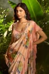 Aza X Shilpa Shetty Kundra_Peach Chiffon, Modal, Satin Ruffles, Printed Pre-draped Saree With Blouse _at_Aza_Fashions