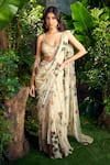 Aza X Shilpa Shetty Kundra_Green Georgette Embroidery, Sequins Forest Print Pre-draped Saree With Blouse _Online_at_Aza_Fashions