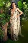 Buy_Aza X Shilpa Shetty Kundra_Green Georgette Embroidery, Sequins Forest Print Pre-draped Saree With Blouse _Online_at_Aza_Fashions