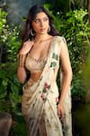 Aza X Shilpa Shetty Kundra_Green Georgette Embroidery, Sequins Forest Print Pre-draped Saree With Blouse _Online