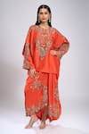 Buy_Anamika Khanna_Orange Sequins, Embroidery Round Neck Paisley Print Kurta And Draped Skirt Set _at_Aza_Fashions