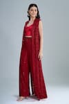 Buy_Ritika Mirchandani_Red Crepe, Georgette Embroidery, Crystals Round Neck Flache Jacket Pant Set _at_Aza_Fashions
