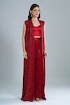 Buy_Ritika Mirchandani_Red Crepe, Georgette Embroidery, Crystals Round Neck Flache Jacket Pant Set _Online_at_Aza_Fashions