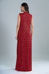Shop_Ritika Mirchandani_Red Crepe, Georgette Embroidery, Crystals Round Neck Flache Jacket Pant Set _at_Aza_Fashions