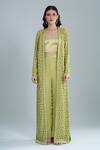 Buy_Ritika Mirchandani_Olive Green Crepe, Net Crystals V-neck, Scoop Elara Embroidered Jacket Pant Set _at_Aza_Fashions