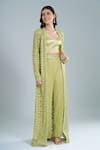 Buy_Ritika Mirchandani_Olive Green Crepe, Net Crystals V-neck, Scoop Elara Embroidered Jacket Pant Set 