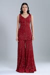 Buy_Ritika Mirchandani_Red Crepe, Georgette, Net Embroidery V-neck Warren Kurta Sharara Set _Online_at_Aza_Fashions