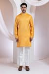 Buy_Smriti By Anju Agarwal_Mustard Chanderi, Cotton Embroidery Etched Dusk Kurta With Pant _at_Aza_Fashions