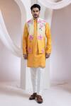 Buy_Smriti By Anju Agarwal_Mustard Chanderi, Cotton Embroidery Etch Line Kurta And Blosson Nehru Jacket Set _at_Aza_Fashions