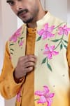 Smriti By Anju Agarwal_Mustard Chanderi, Cotton Embroidery Etch Line Kurta And Blosson Nehru Jacket Set _Online_at_Aza_Fashions