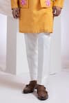 Smriti By Anju Agarwal_Mustard Chanderi, Cotton Embroidery Etch Line Kurta And Blosson Nehru Jacket Set _at_Aza_Fashions