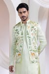 Shop_Smriti By Anju Agarwal_Green Linen, Satin Embroidery Forest Whim Nehru Jacket _Online_at_Aza_Fashions