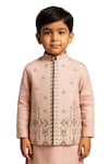 PAARSH_Pink Linen, Satin, Cotton Embroidery Mridul Geometric Pattern Nehru Jacket Set _Online_at_Aza_Fashions