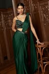 Buy_Istya_Emerald Green Satin Sequins Round Neck Pre-draped Saree With Embellished Blouse _Online_at_Aza_Fashions