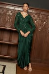 Buy_Istya_Emerald Green Net, Satin Embroidery, Sequins Round Jacket And Draped Skirt Set _at_Aza_Fashions