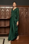 Shop_Istya_Emerald Green Net, Satin Embroidery, Sequins Round Jacket And Draped Skirt Set _Online_at_Aza_Fashions
