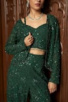 Shop_Istya_Emerald Green Net Sequins, Embroidery Round Neck, Short Jacket Set With Pant _Online_at_Aza_Fashions