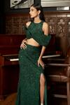 Istya_Emerald Green Net Sequins, Embroidery, Beads Open Embellished Top And Skirt Set _Online_at_Aza_Fashions