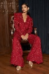 Buy_Istya_Red Net Beads, Sequins, Embroidery V-neck Embellished Jacket Pant Set _Online_at_Aza_Fashions