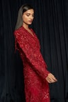 Shop_Istya_Red Net Beads, Sequins, Embroidery V-neck Embellished Jacket Pant Set _Online_at_Aza_Fashions