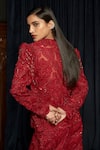 Shop_Istya_Red Net Beads, Sequins, Embroidery V-neck Embellished Jacket Pant Set _at_Aza_Fashions