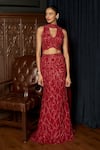 Buy_Istya_Red Net Sequins, Beads, Embroidery Keyhole Neck Embellished Fishcut Lehenga Set _at_Aza_Fashions