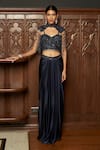 Buy_Istya_Navy Satin Beads, Sequins Sweetheart Neck, Collared Embellished Blouse Skirt Set _at_Aza_Fashions