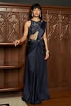 Buy_Istya_Navy Satin Sequins, Beads, Fringe Round Cocktail Pre-draped Saree With Blouse _at_Aza_Fashions