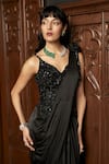 Shop_Istya_Black Satin Sequins, Beads Sweetheart Neck Corset With Pre-draped Saree _Online_at_Aza_Fashions
