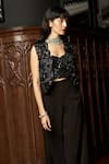 Istya_Black Organza Sequins Round , Sweetheart Short Jacket Pant Set _Online_at_Aza_Fashions