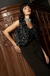 Shop_Istya_Black Organza Sequins Round , Sweetheart Short Jacket Pant Set _Online_at_Aza_Fashions