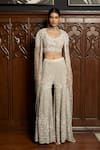 Buy_Istya_Gray Net Beads, Sequins Scoop Neck, Open Grey Embellished Sharara And Cape Set _at_Aza_Fashions