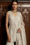 Buy_Istya_Gray Net Sequins, Beads V-neck Grey Embellished Kurta Sharara Set _Online_at_Aza_Fashions