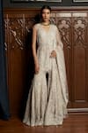 Buy_Istya_Gray Net Sequins, Beads V-neck Grey Embellished Kurta Sharara Set _at_Aza_Fashions