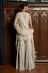 Shop_Istya_Gray Net Sequins, Beads V-neck Grey Embellished Kurta Sharara Set _at_Aza_Fashions
