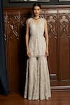 Istya_Gray Net Sequins, Beads V-neck Grey Embellished Kurta Sharara Set _at_Aza_Fashions
