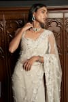 Istya_Gray Net Sequins, Beads Sweetheart Neck, Grey Embellished Saree Set With Cape _Online_at_Aza_Fashions