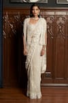 Buy_Istya_Gray Net Sequins, Embroidery Square Neck, Grey Embellished Saree Set With Jacket _at_Aza_Fashions