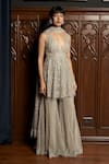 Buy_Istya_Gray Net Sequins, Beads V-neck Grey Embellished Kurta Sharara Set _at_Aza_Fashions